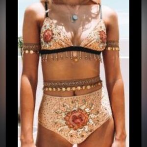 Her Pony Tan sequin beaded set bralette beaded fringe & high waisted bottoms S/M